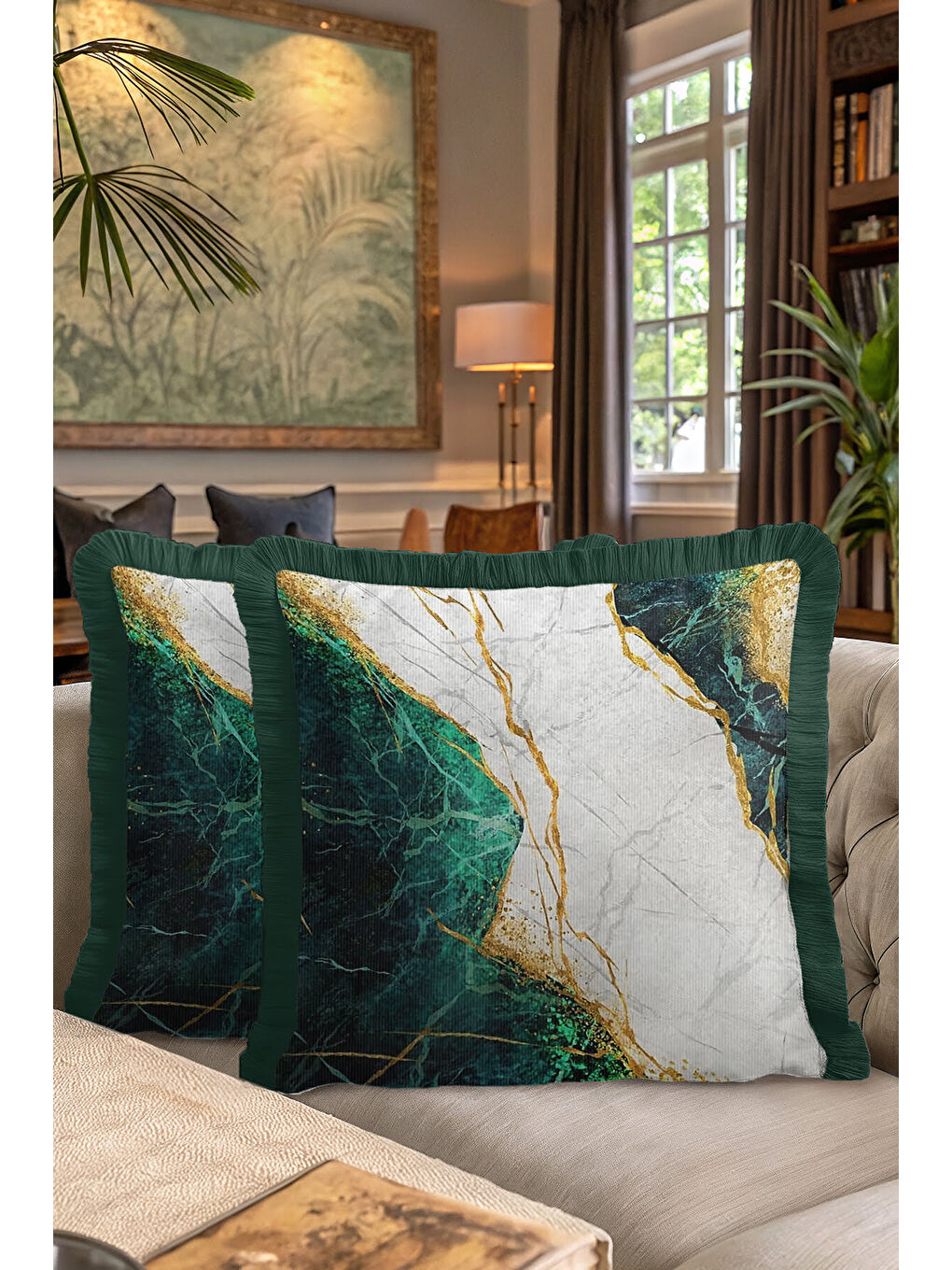 Karışık Mermer Efektli Lüks Saçaklı Yastık Kılıfı - Modern Zümrüt Yeşili Altın Renk Püsküllü Kırlent Kılıfı-7