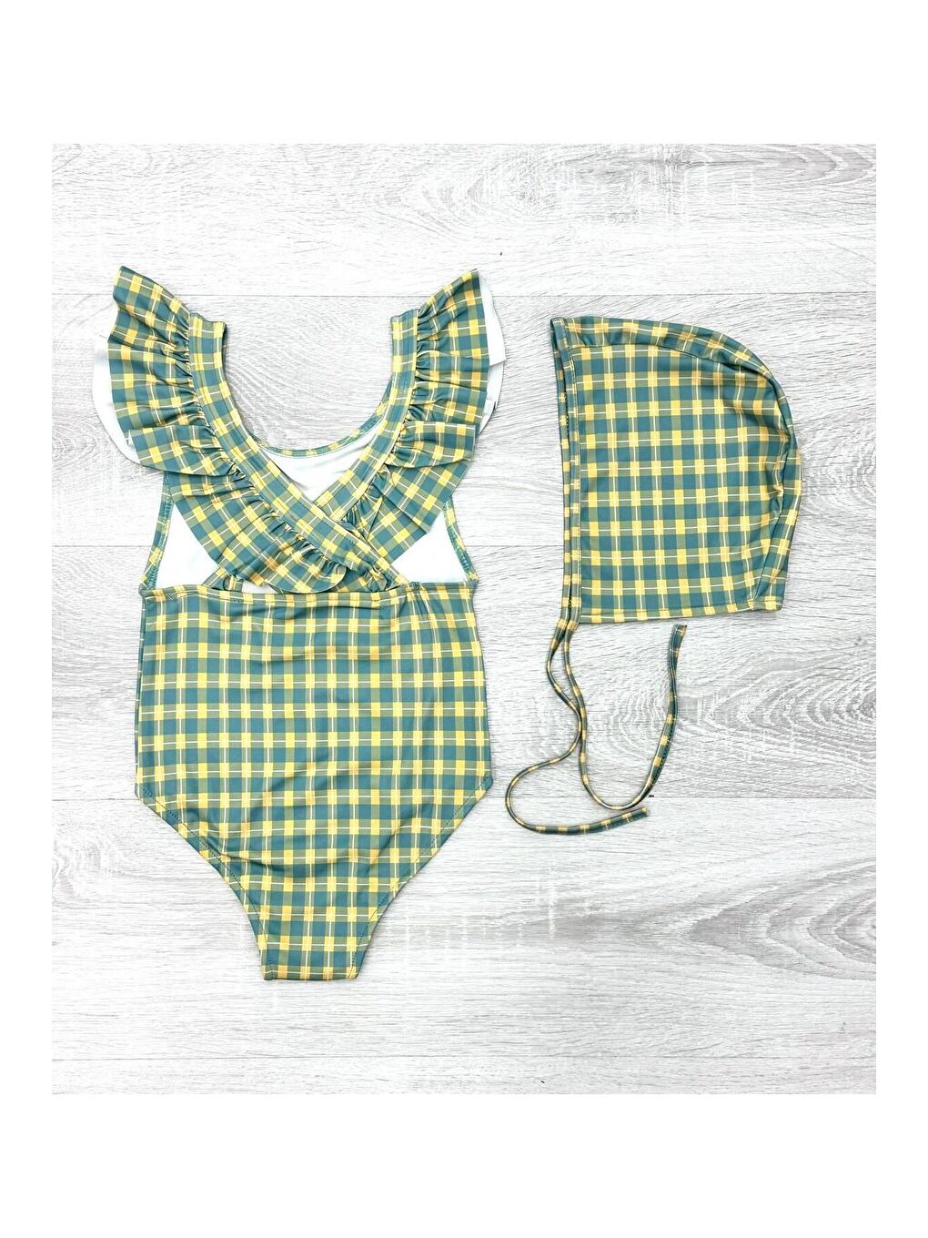 Turkuaz Sırttan Çapraz Fırfır Detaylı Boneli Kız Çocuk Mayo-1