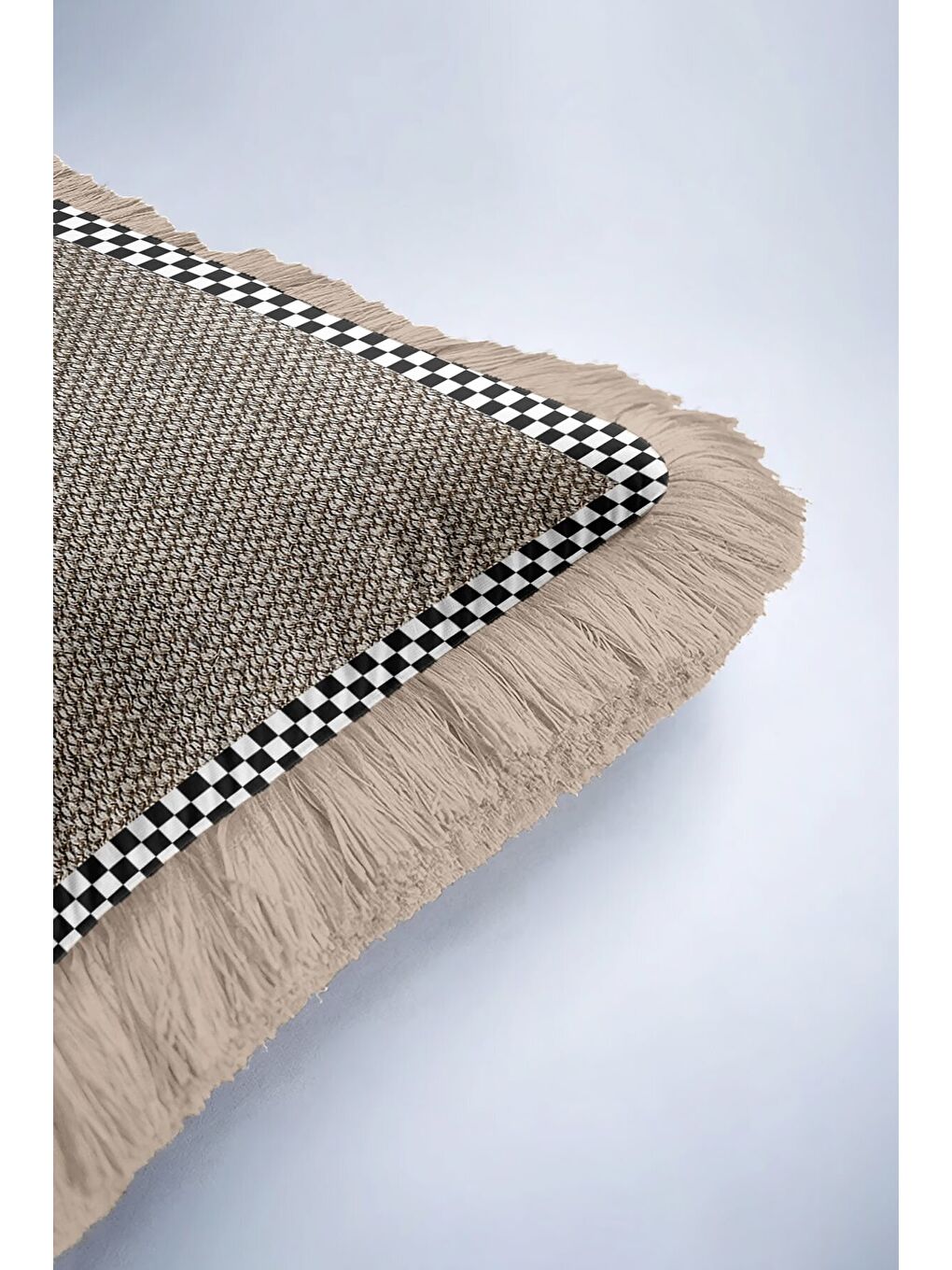 Karışık Zarif Geometrik Çizgili Saçaklı Yastık Kılıfı - Monokrom Modern Bej Siyah Püsküllü Kırlent Kılıfı-6