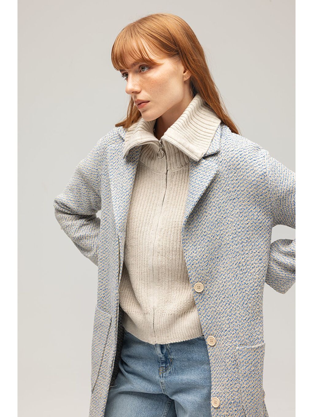 Bej Kadın Dokulu Uzun Kaban - Yarım Patlı & Astarsız-1