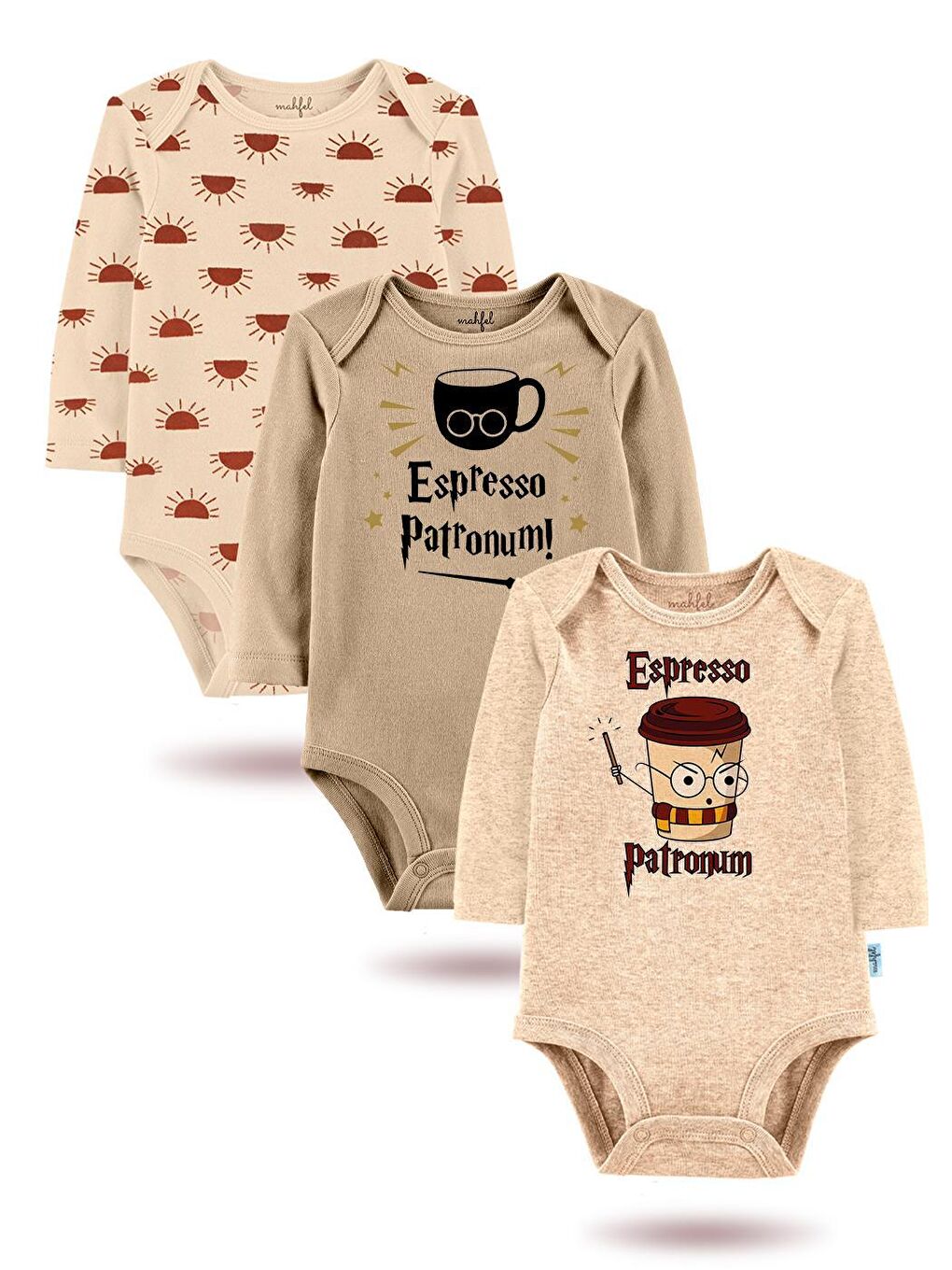 MAHFEL Bej-Açık Kahverengi 3'Lü "ESPRESSO PATRONUM "Baskılı Uzun Kollu Unisex Bebek Çıtçıtlı Body