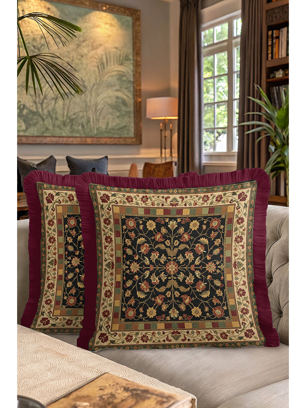 Karışık Saray Motifli Saçaklı Yastık Kılıfı - Vintage Etnik Altın Renkli Bordo Püsküllü Kırlent Kılıfı-7