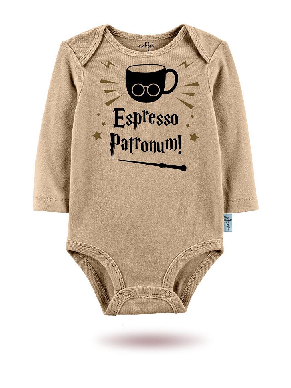 MAHFEL Bej-Açık Kahverengi 3'Lü "ESPRESSO PATRONUM "Baskılı Uzun Kollu Unisex Bebek Çıtçıtlı Body - 1