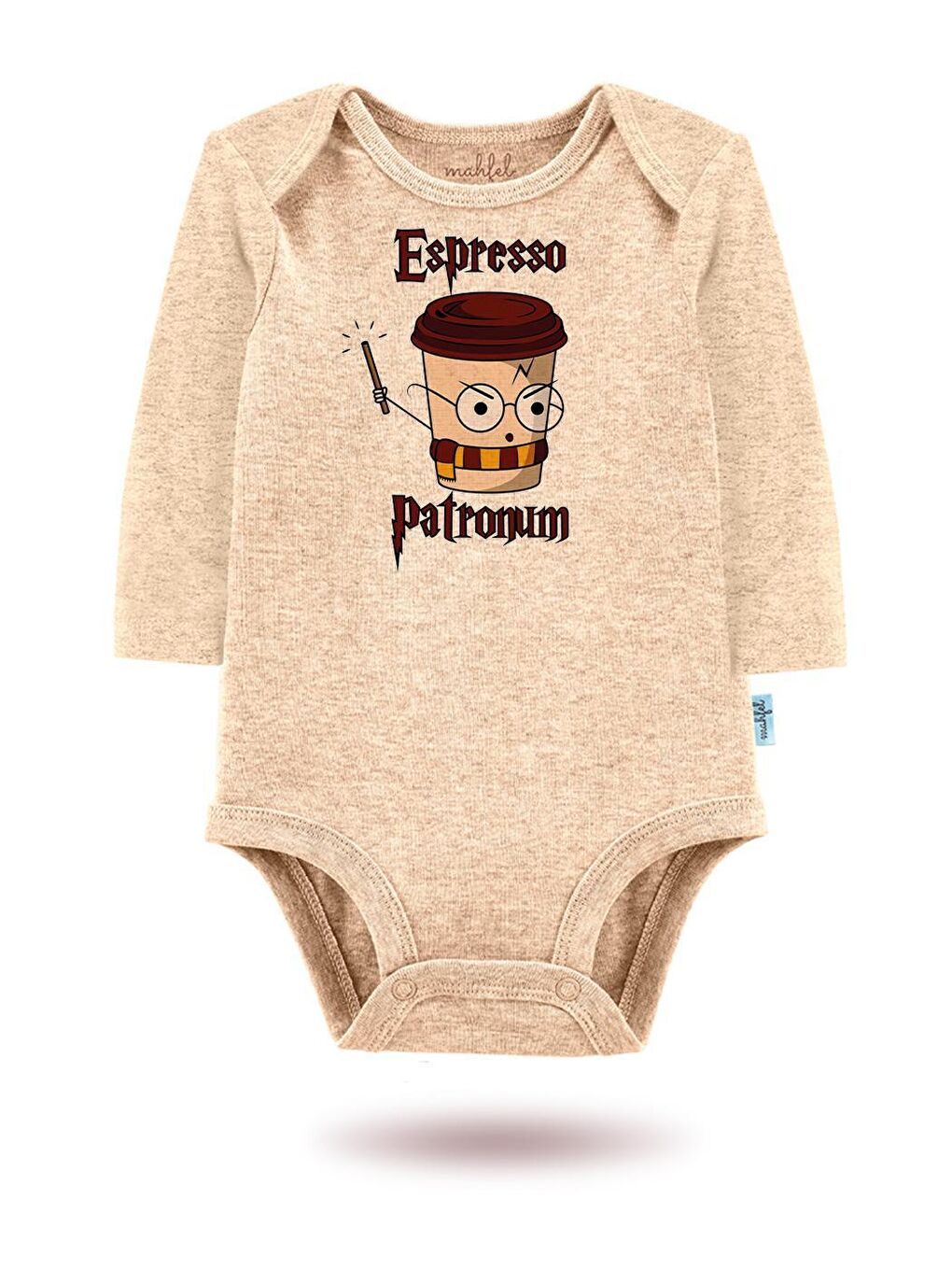 MAHFEL Bej-Açık Kahverengi 3'Lü "ESPRESSO PATRONUM "Baskılı Uzun Kollu Unisex Bebek Çıtçıtlı Body - 2