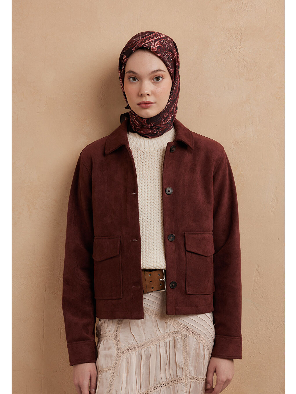 Dark Vıntage Desen Pamuk İpek Eşarp Bordo-3