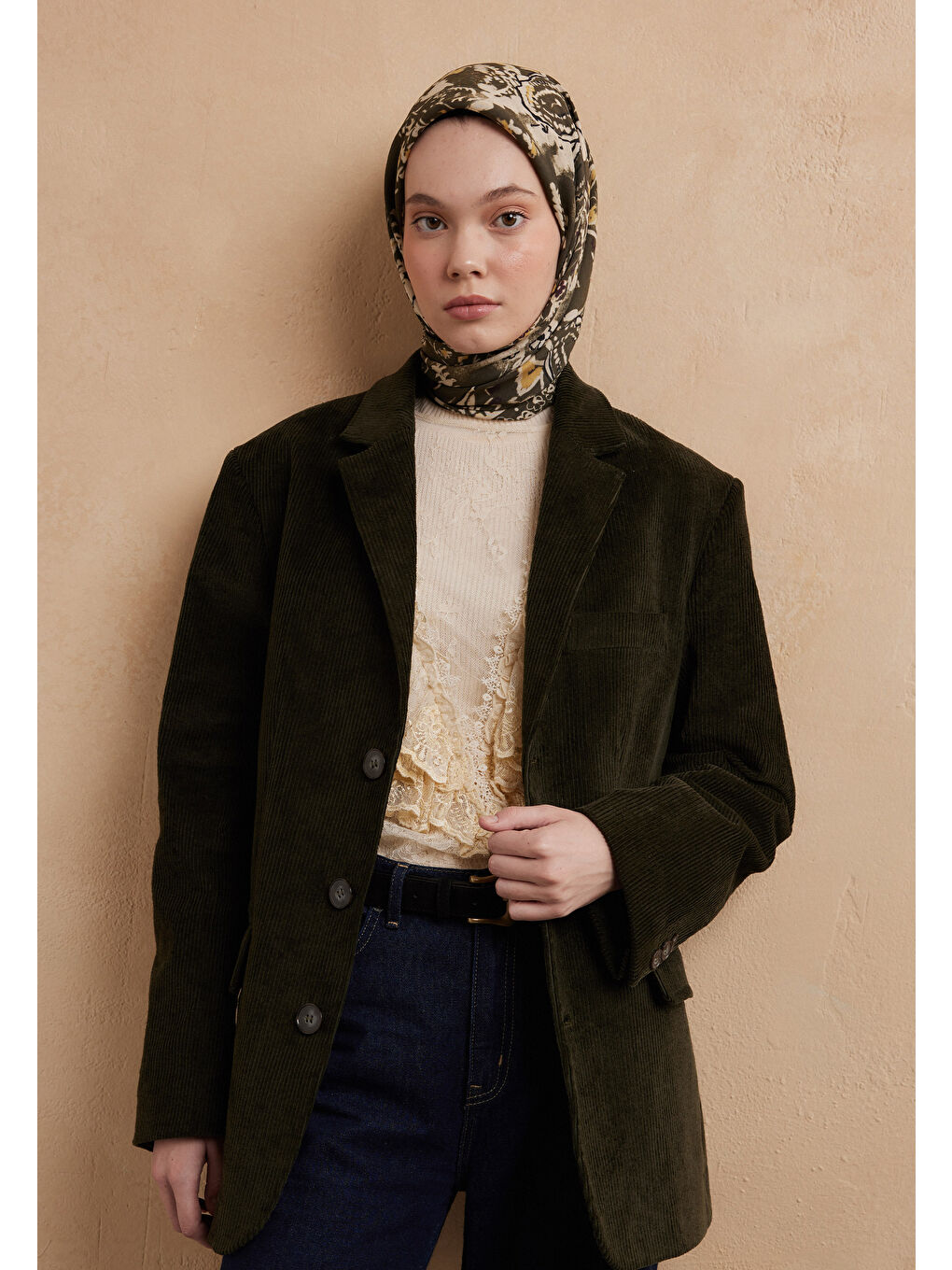 Floral Paısley Desen Pamuk İpek Eşarp Koyu Haki-2