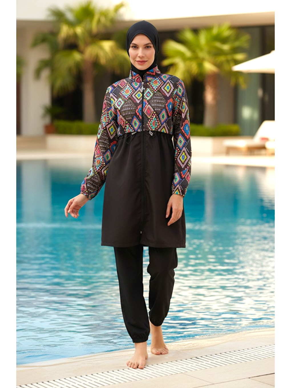 Siyah Hızlı Kuruyan Paraşüt Kumaş Büyük Beden Tam Kapalı Tesettür Mayo 22155