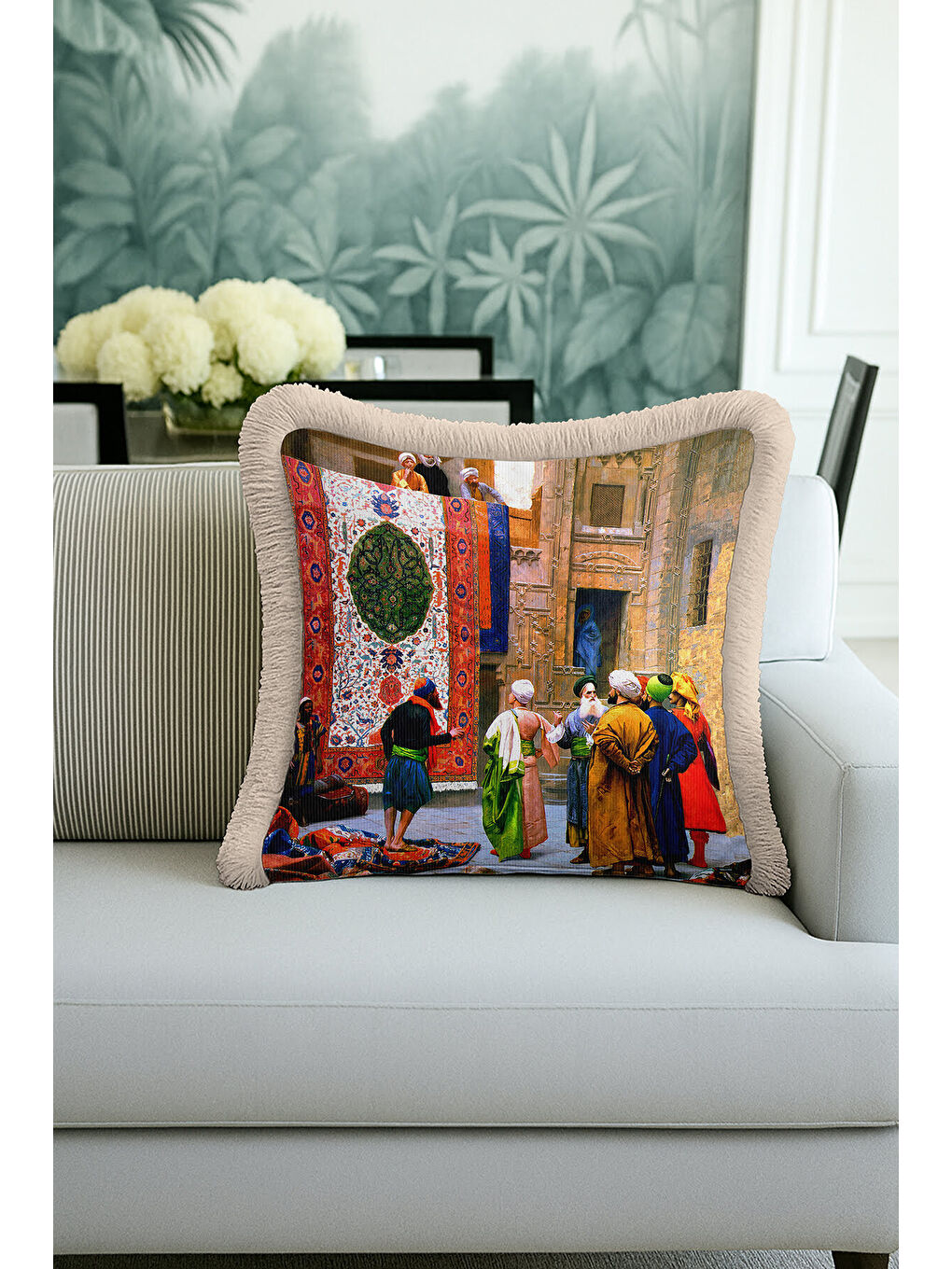 Karışık Oryantal Saray Dokulu Saçaklı Yastık Kılıfı - Tarihi İstanbul Bohem Bej Püsküllü Kırlent Kılıfı