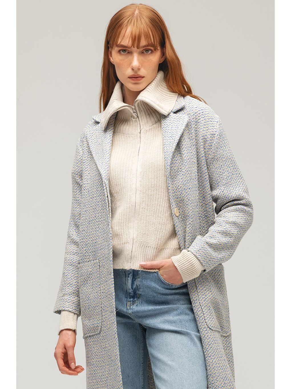 Bej Kadın Dokulu Uzun Kaban - Yarım Patlı & Astarsız-2