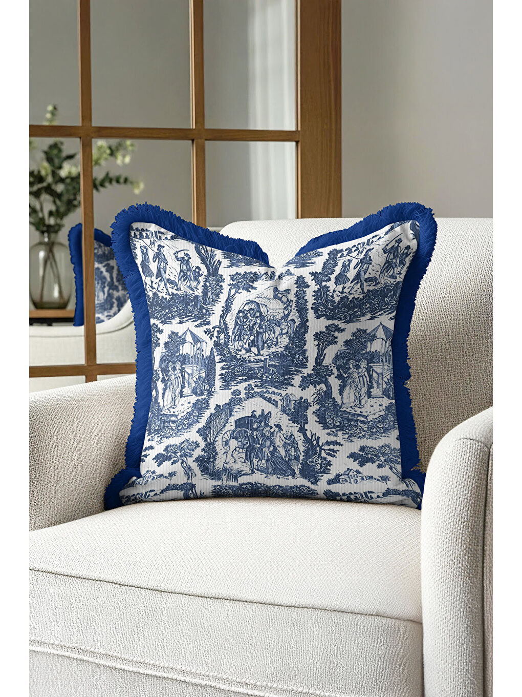 Karışık Fransız Country Sanat Saçaklı Yastık Kılıfı - Klasik Vintage Mavi Rustik Püsküllü Kırlent Kılıfı-2