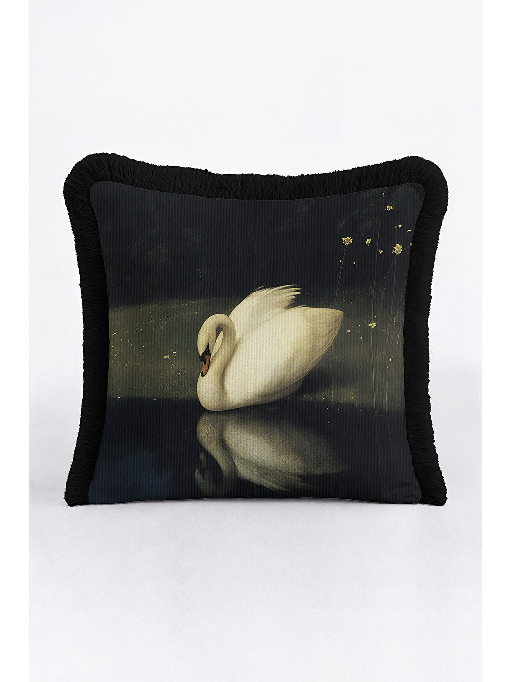 Karışık Zarif Kuğu Figürlü Saçaklı Yastık Kılıfı - Yansımalar Klasik Siyah Püsküllü Kırlent Kılıfı