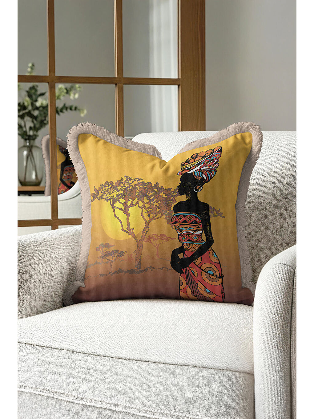 Karışık Afrika Esintili Saçaklı Yastık Kılıfı - Etnik Sanat Bohem Sıcak Sarı Püsküllü Kırlent Kılıfı-1