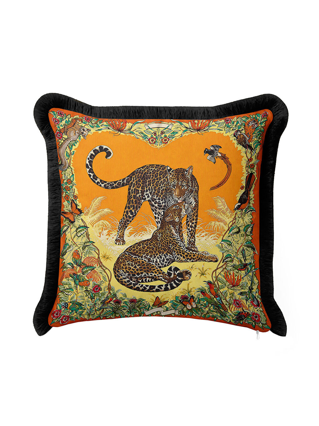 Karışık Egzotik Leopar Vahşi Doğa Saçaklı Yastık Kılıfı - Tropik Bohem Turuncu Siyah Püsküllü Kırlent Kılıfı-2