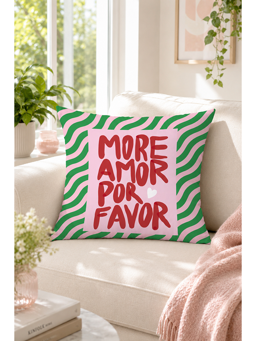 Beyaz More Amor Por Favor Yazı Baskılı Dekoratif Kırlent Kılıfı Bohem Balkon Dekoru 43x43 Cm-6