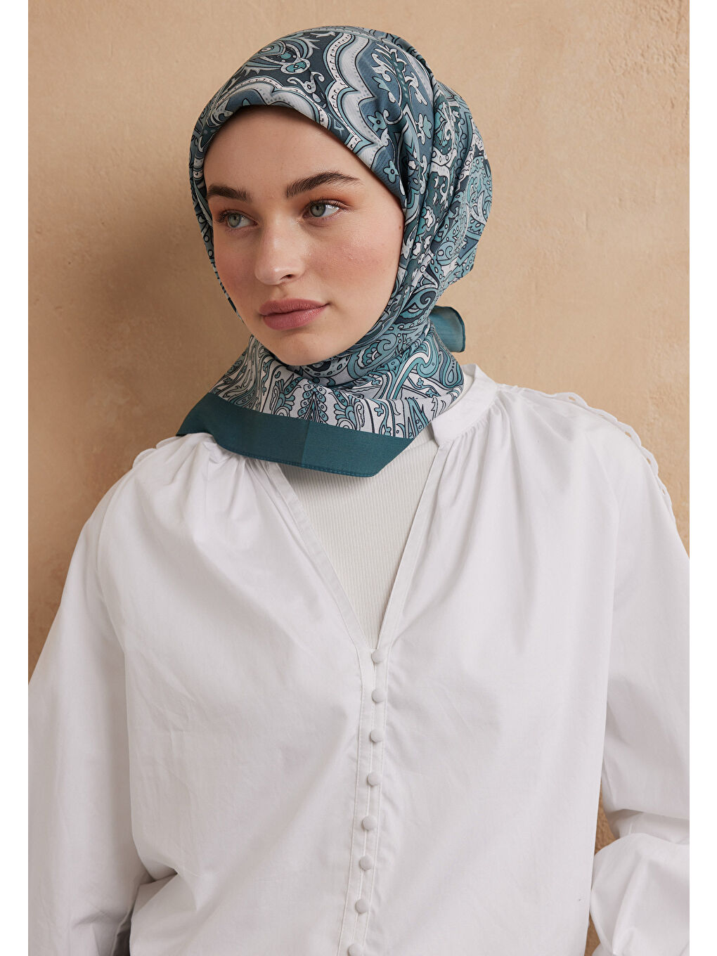 Mavi Etnıc Floral Desen Pamuk İpek Eşarp Aquamarin-2