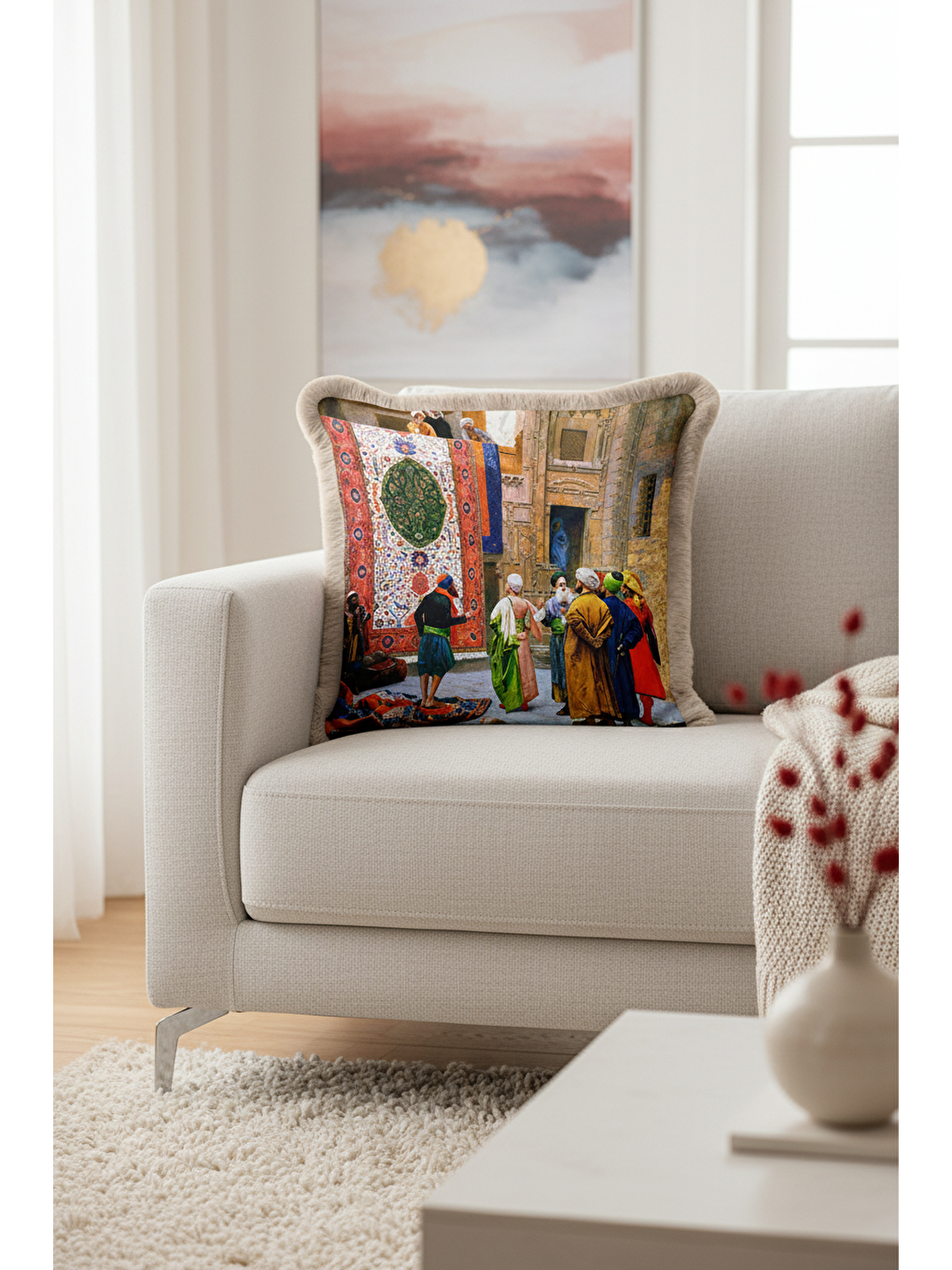 Karışık Oryantal Saray Dokulu Saçaklı Yastık Kılıfı - Tarihi İstanbul Bohem Bej Püsküllü Kırlent Kılıfı-1