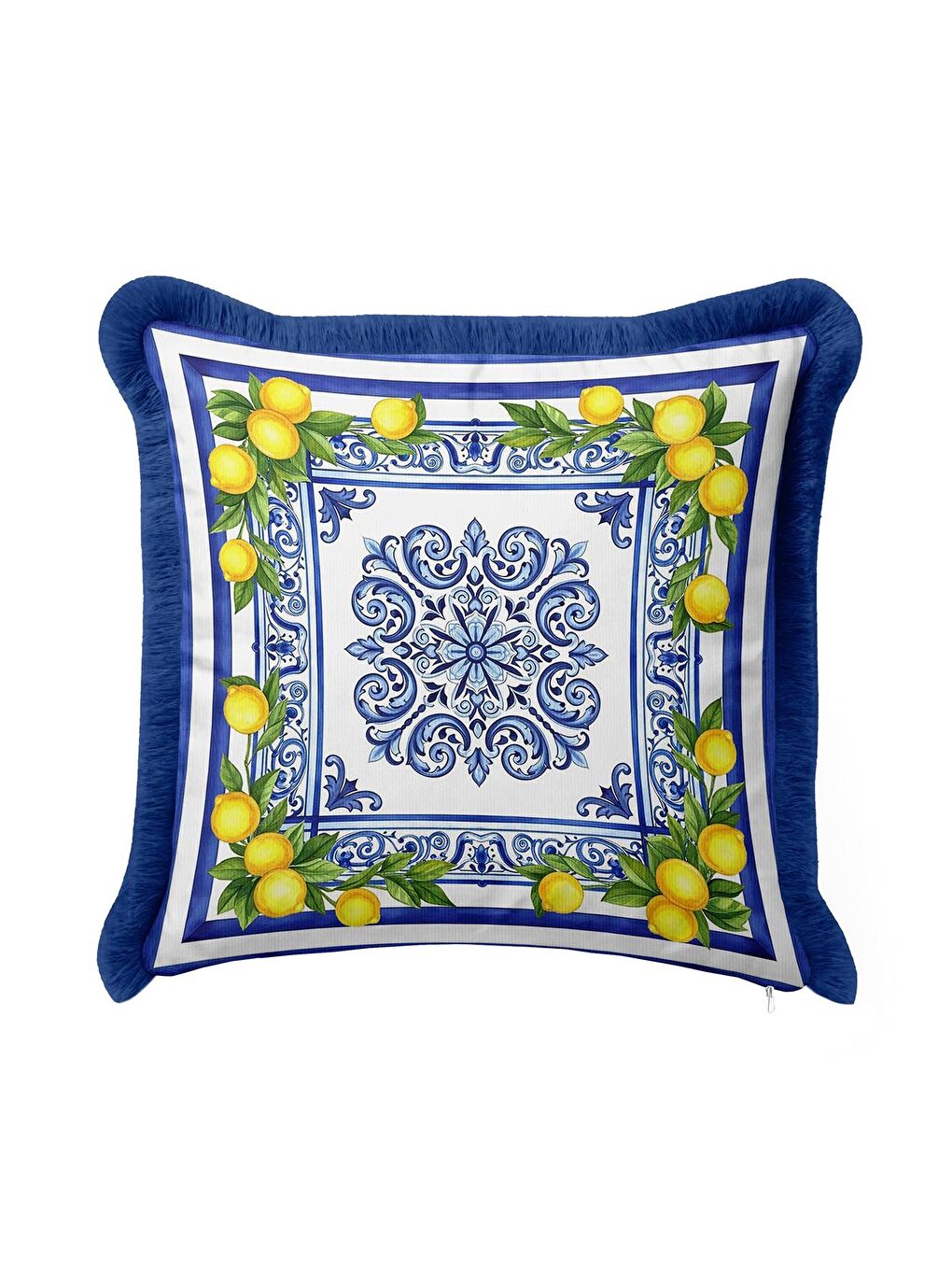 Karışık İtalyan Akdeniz Motifli Saçaklı Yastık Kılıfı - Limon Bahçesi Mavi Sarı Püsküllü Kırlent Kılıfı
