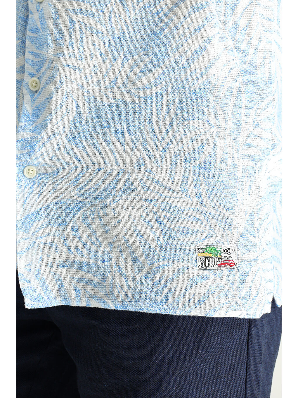 Mavi Kısa Kol Oversize Desenli Pamuk Gömlek-2