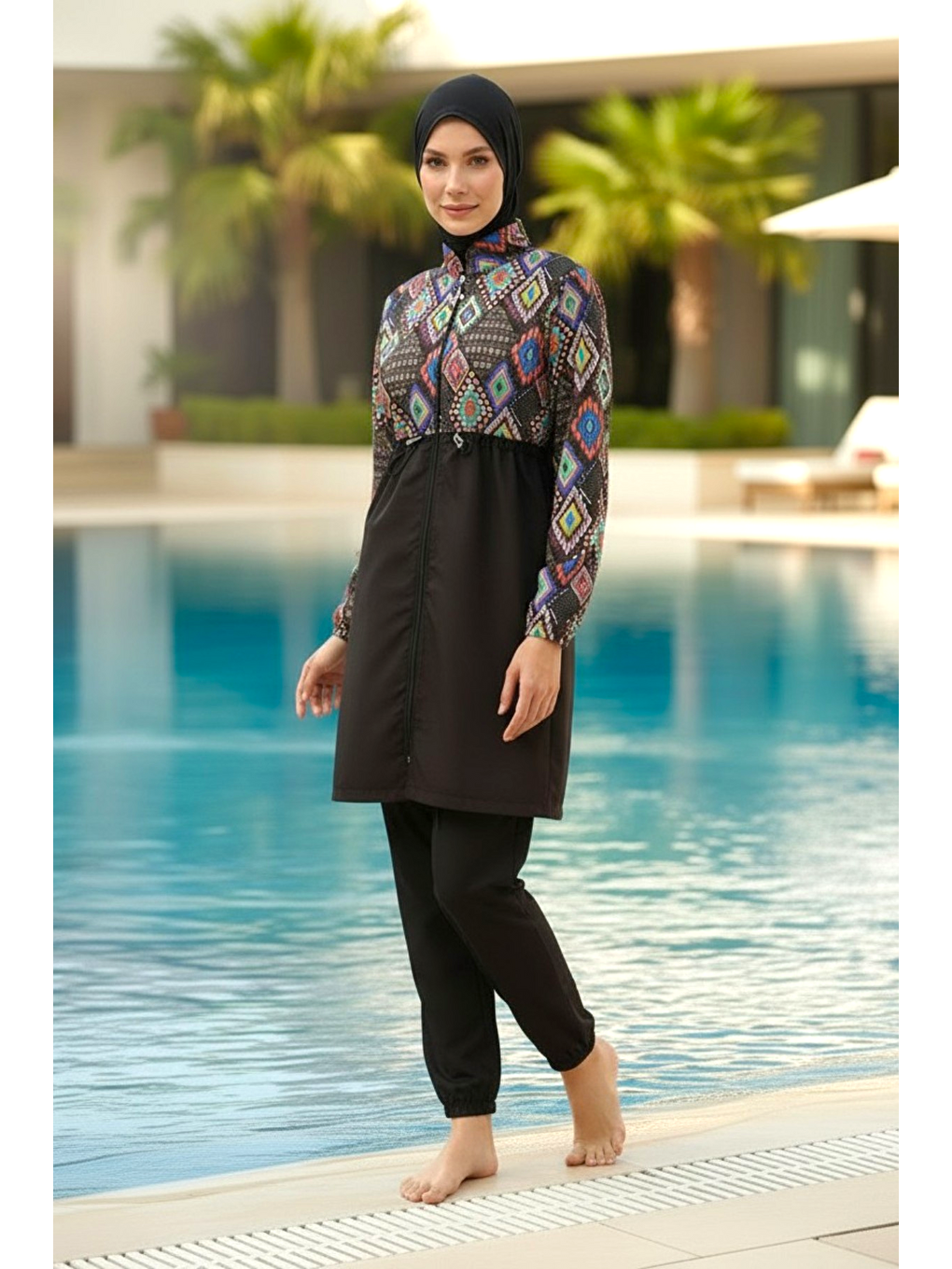 Siyah Hızlı Kuruyan Paraşüt Kumaş Büyük Beden Tam Kapalı Tesettür Mayo 22155-1