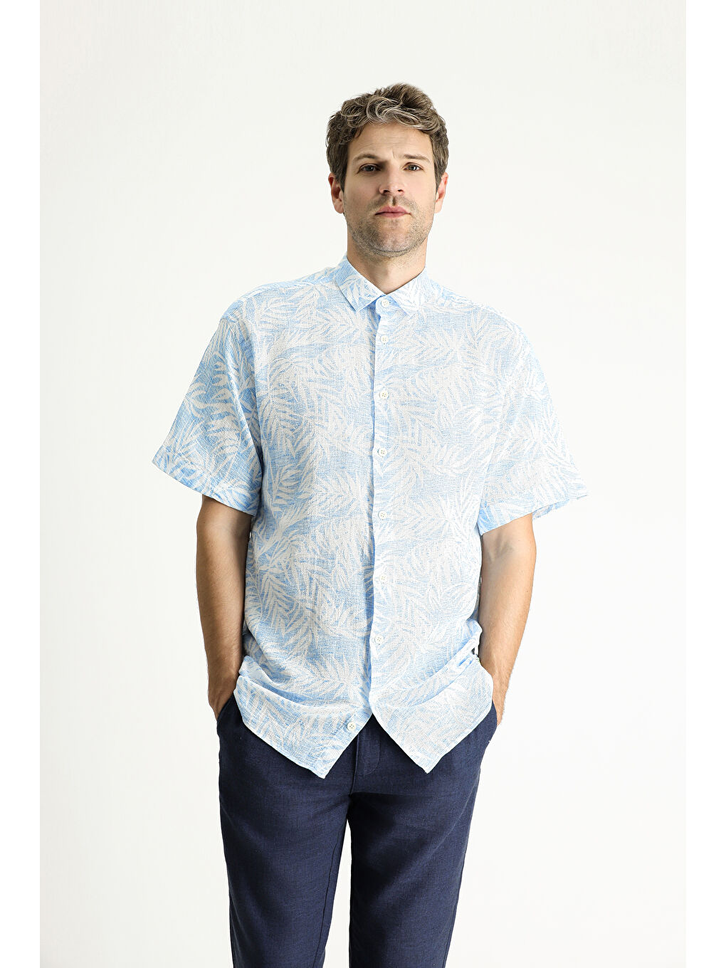 Mavi Kısa Kol Oversize Desenli Pamuk Gömlek-3