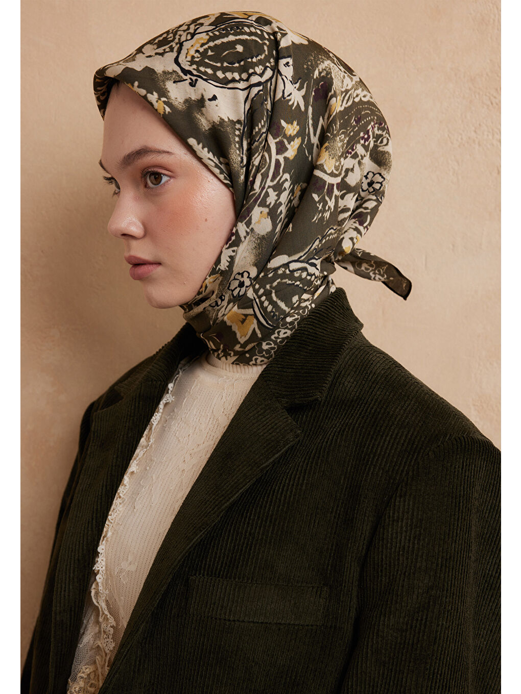 Floral Paısley Desen Pamuk İpek Eşarp Koyu Haki-3