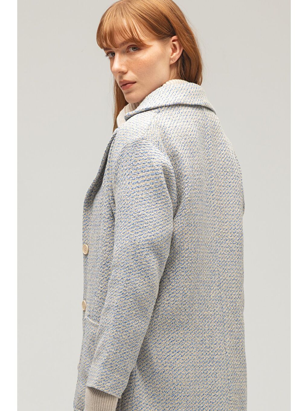 Bej Kadın Dokulu Uzun Kaban - Yarım Patlı & Astarsız-3