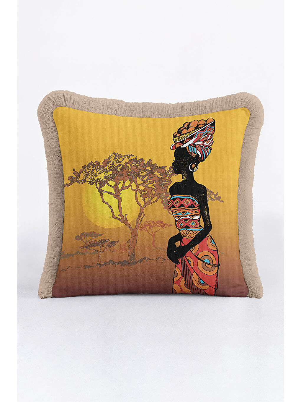 Karışık Afrika Esintili Saçaklı Yastık Kılıfı - Etnik Sanat Bohem Sıcak Sarı Püsküllü Kırlent Kılıfı-2