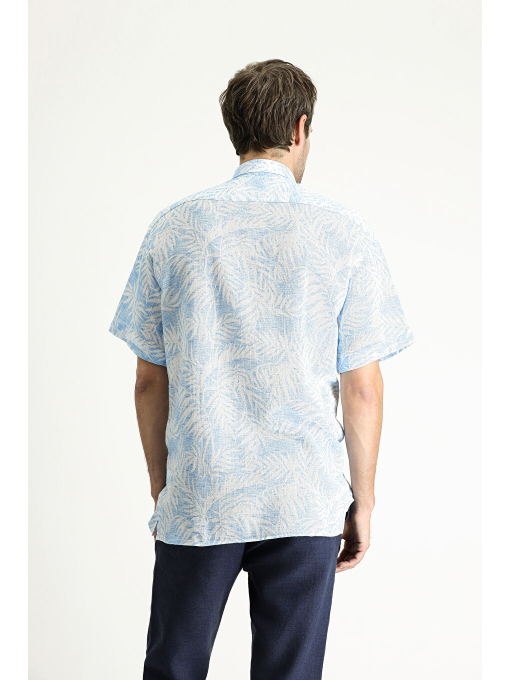 Mavi Kısa Kol Oversize Desenli Pamuk Gömlek-4