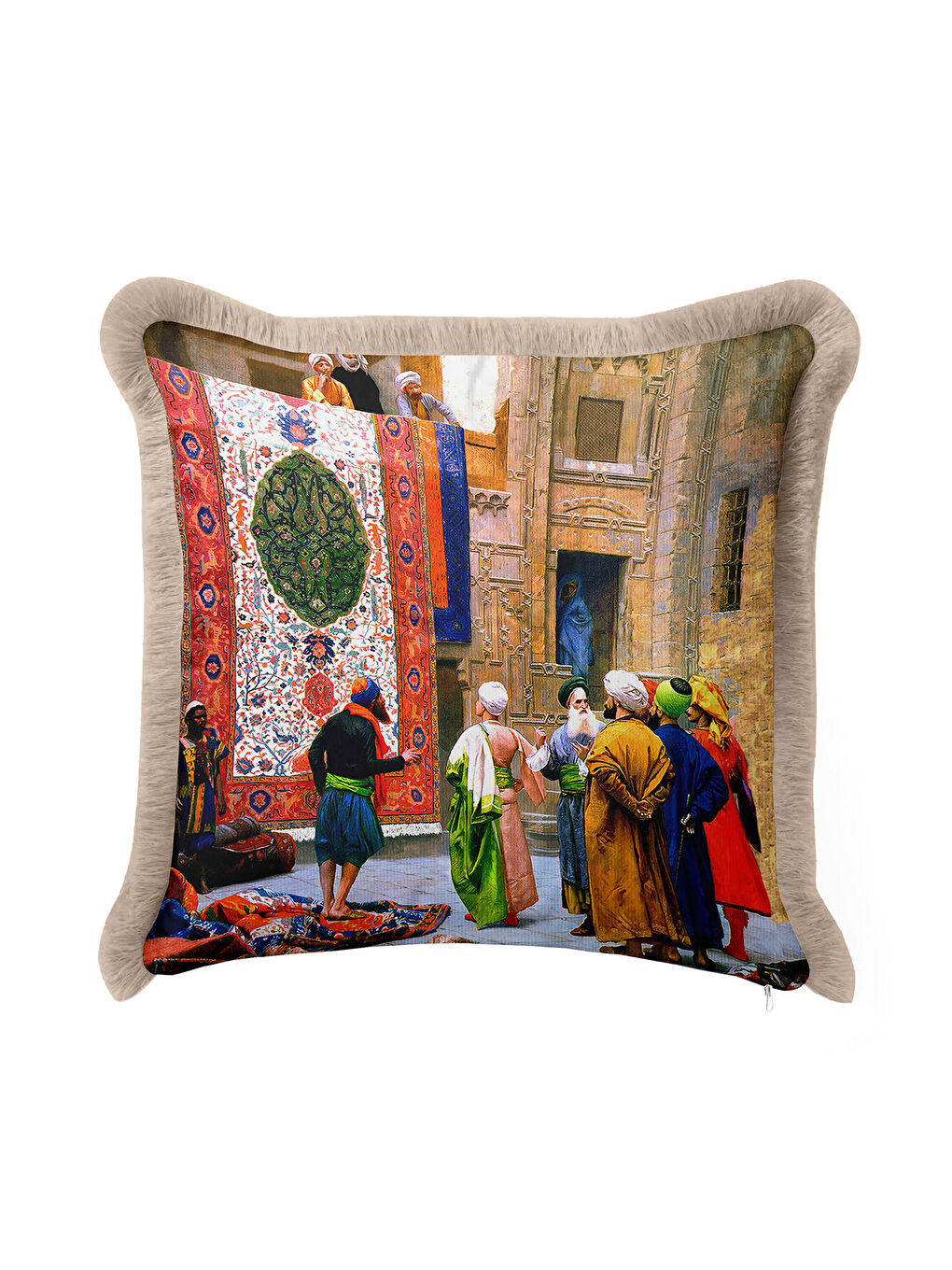 Karışık Oryantal Saray Dokulu Saçaklı Yastık Kılıfı - Tarihi İstanbul Bohem Bej Püsküllü Kırlent Kılıfı-2