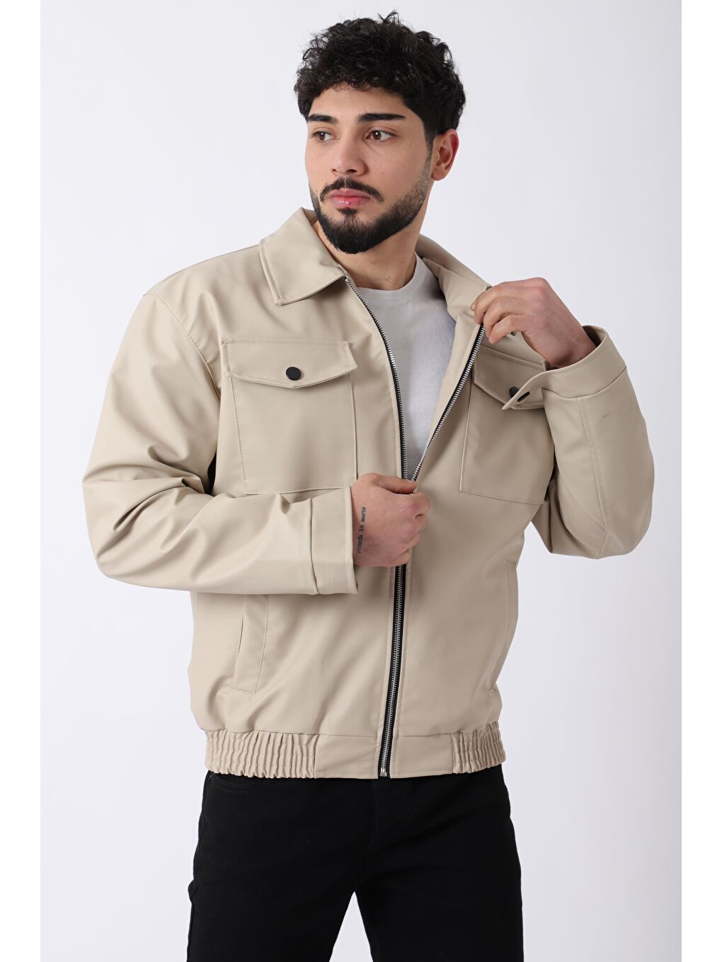 Ekru Bel Lastikli Kapaklı  Suni Deri Mont PLDP 2998_50447-1