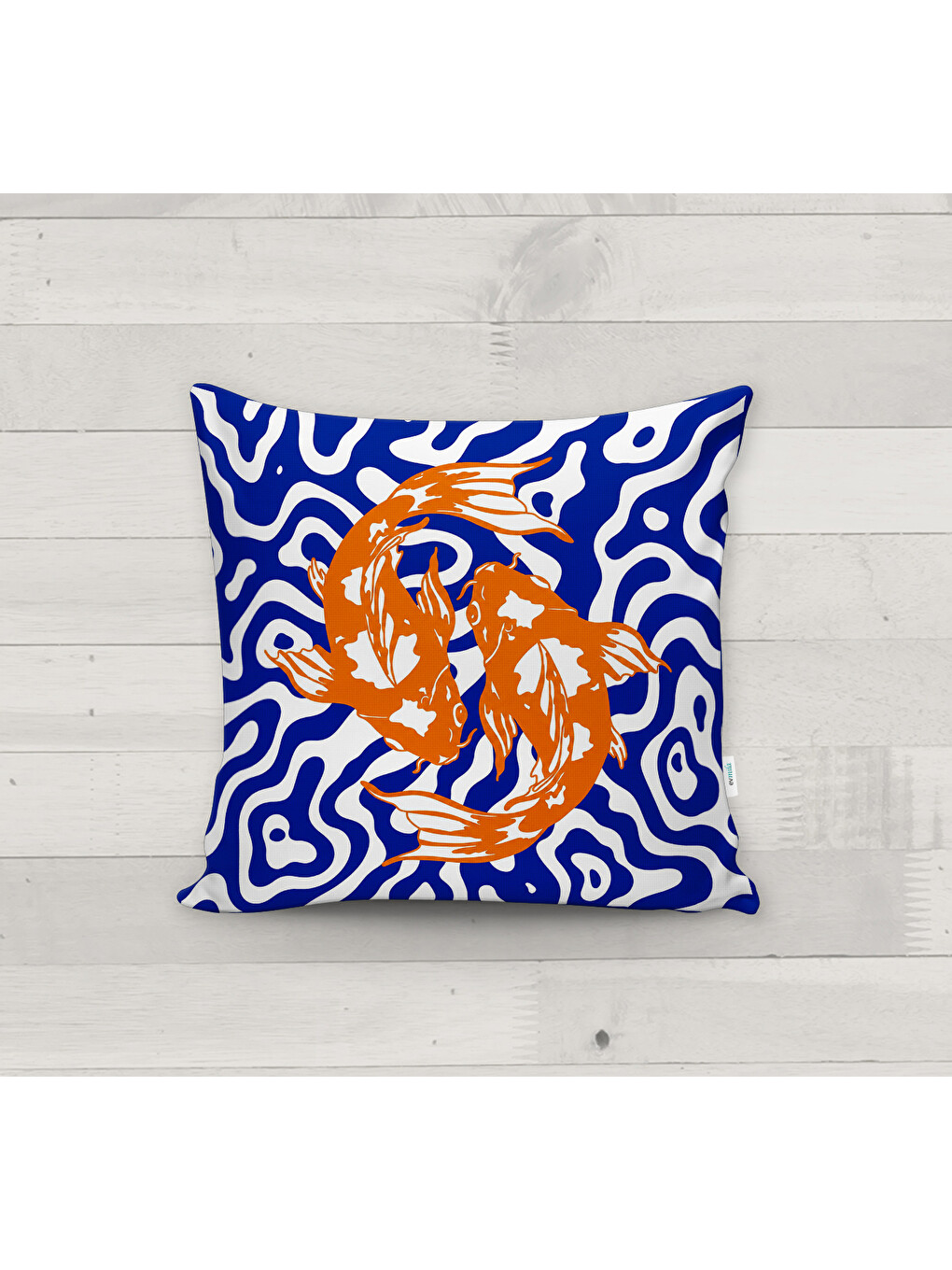 Beyaz Koi Balığı Mavi Turuncu Desenli Dekoratif Kırlent Kılıfı Modern Salon Dekoru 43x43 Cm-7