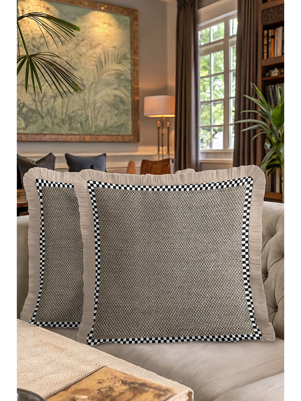 Karışık Zarif Geometrik Çizgili Saçaklı Yastık Kılıfı - Monokrom Modern Bej Siyah Püsküllü Kırlent Kılıfı-7