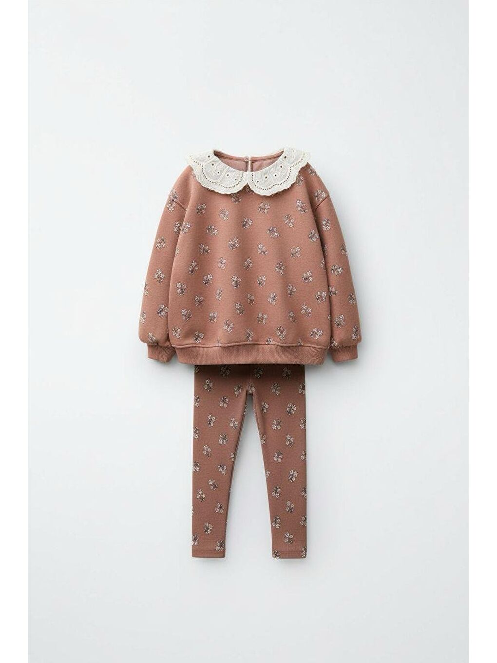 Turuncu Kız Çocuk Pamuklu Kiremit Çiçek Desenli Dantel Yaka Sweatshirt & Tayt Takım