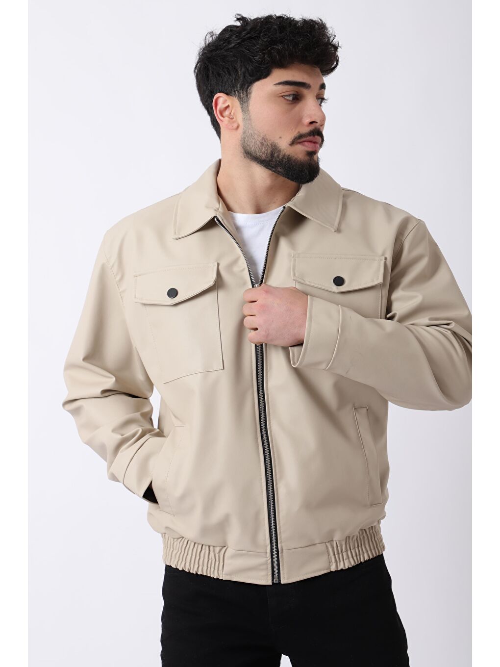 Ekru Bel Lastikli Kapaklı  Suni Deri Mont PLDP 2998_50447-2