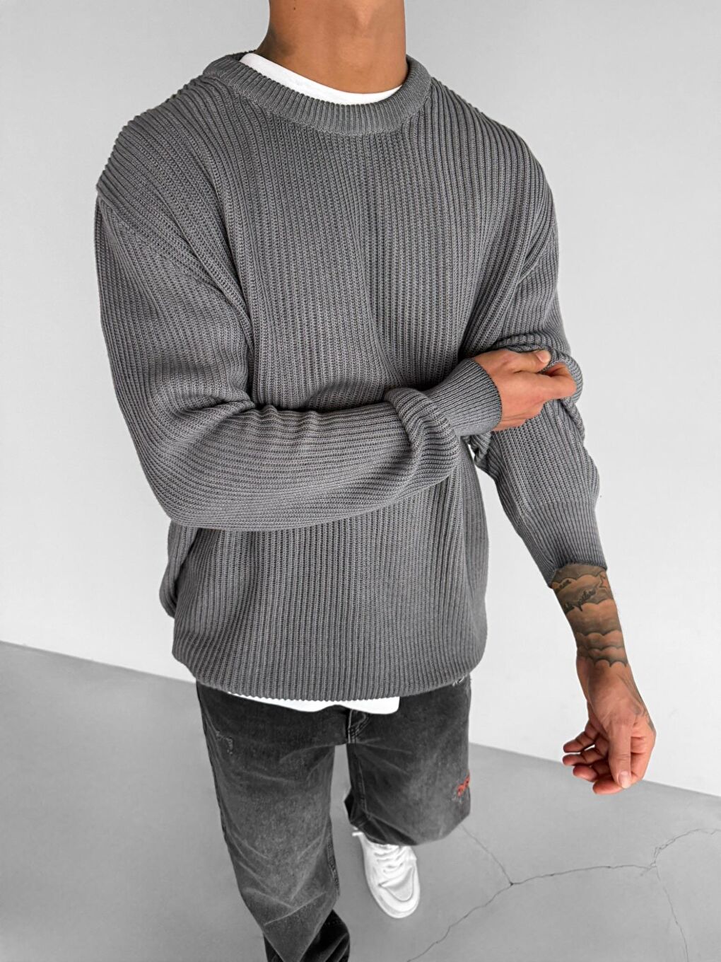 Erkek Oversize Yıkamalı Basic Kazak Gri-2