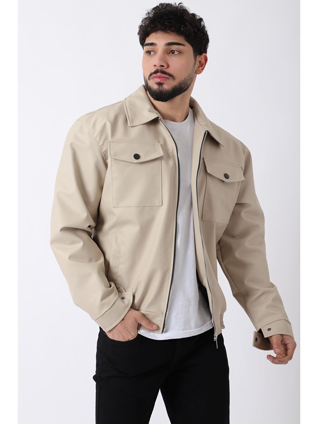 Ekru Bel Lastikli Kapaklı  Suni Deri Mont PLDP 2998_50447-3