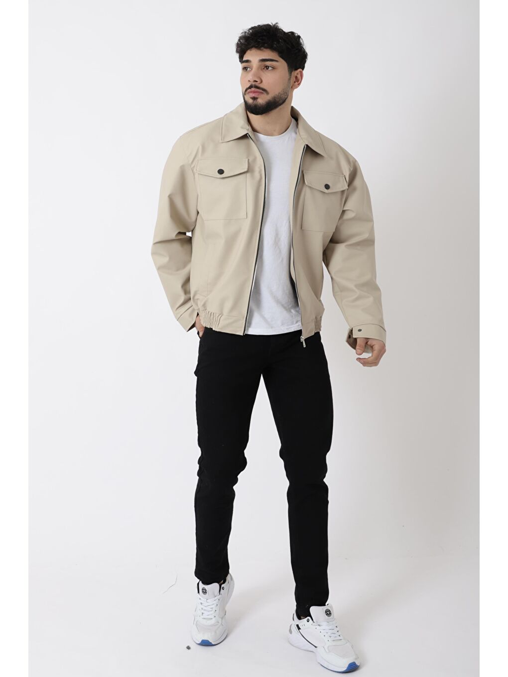 Ekru Bel Lastikli Kapaklı  Suni Deri Mont PLDP 2998_50447-4