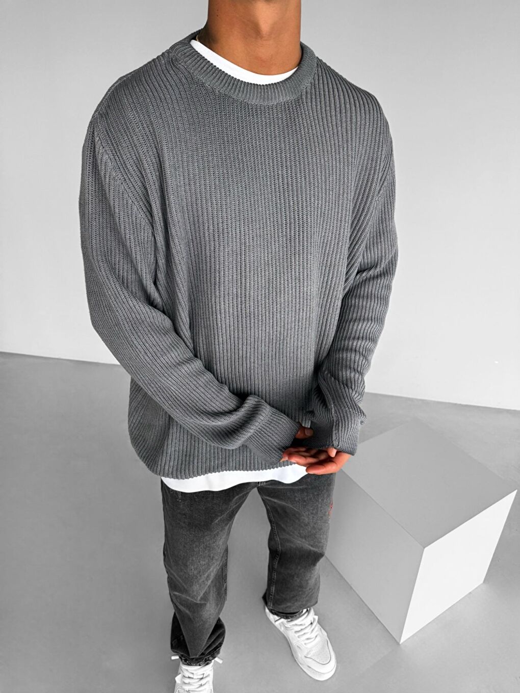 Erkek Oversize Yıkamalı Basic Kazak Gri-3