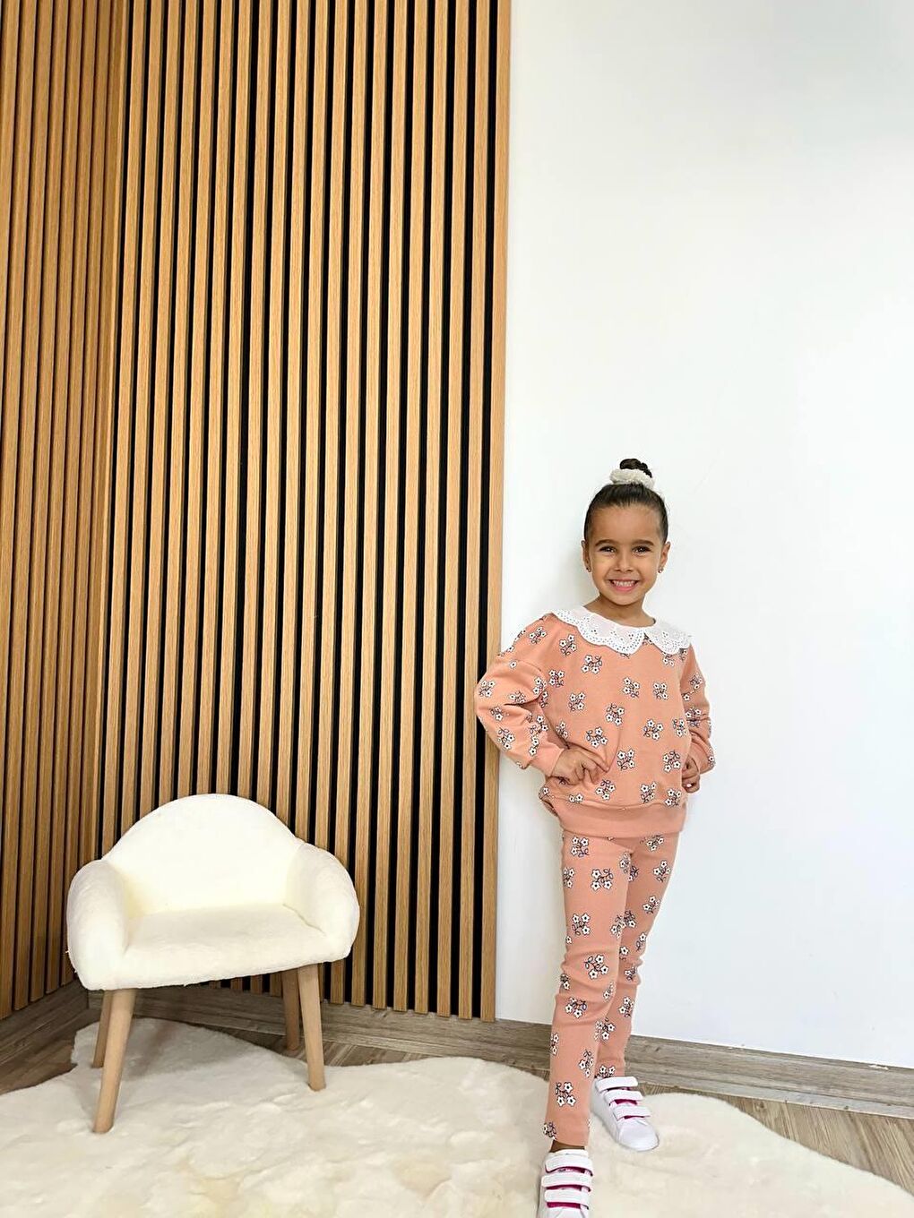 Turuncu Kız Çocuk Pamuklu Kiremit Çiçek Desenli Dantel Yaka Sweatshirt & Tayt Takım-2