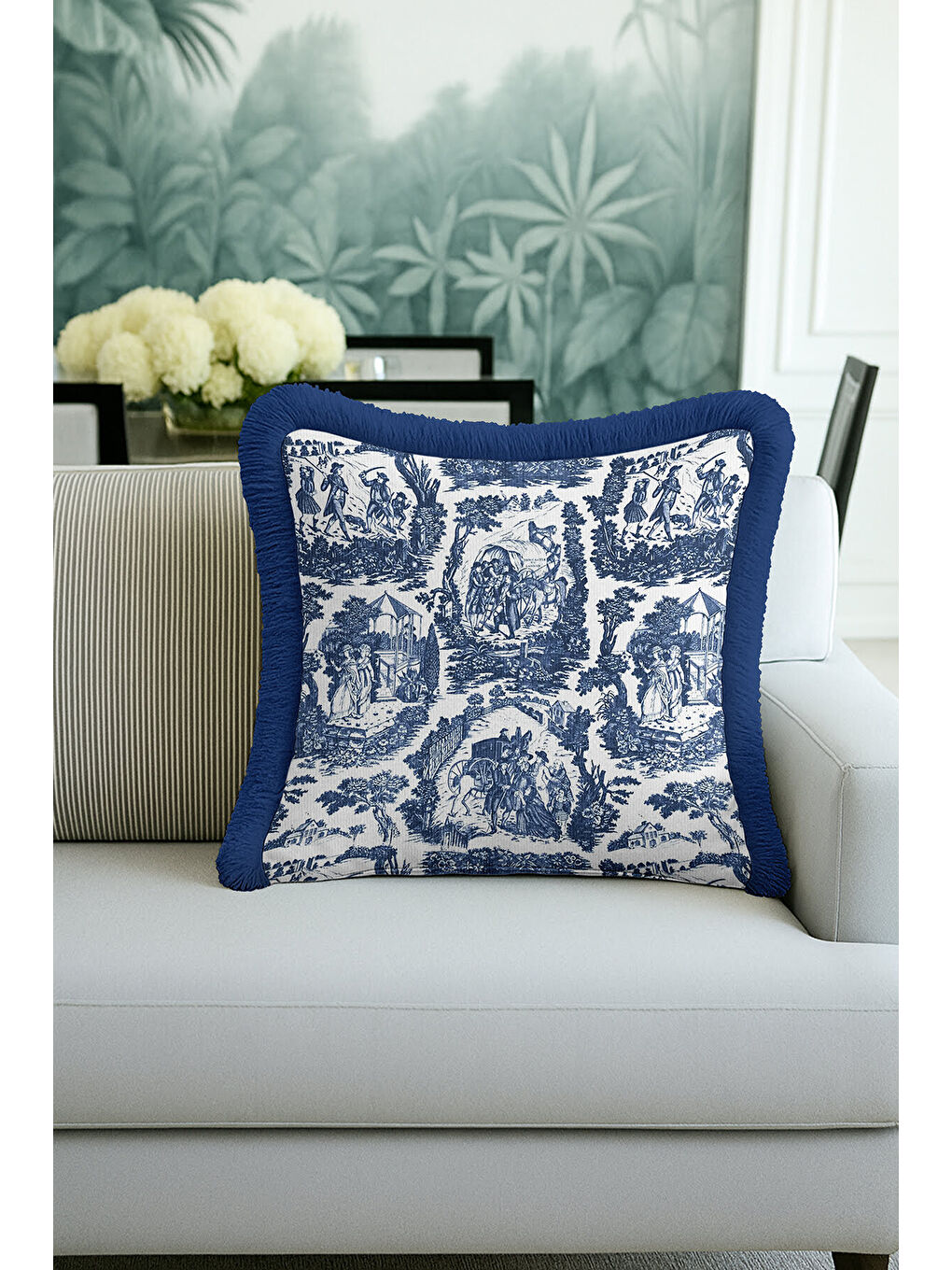 Karışık Fransız Country Sanat Saçaklı Yastık Kılıfı - Klasik Vintage Mavi Rustik Püsküllü Kırlent Kılıfı-3