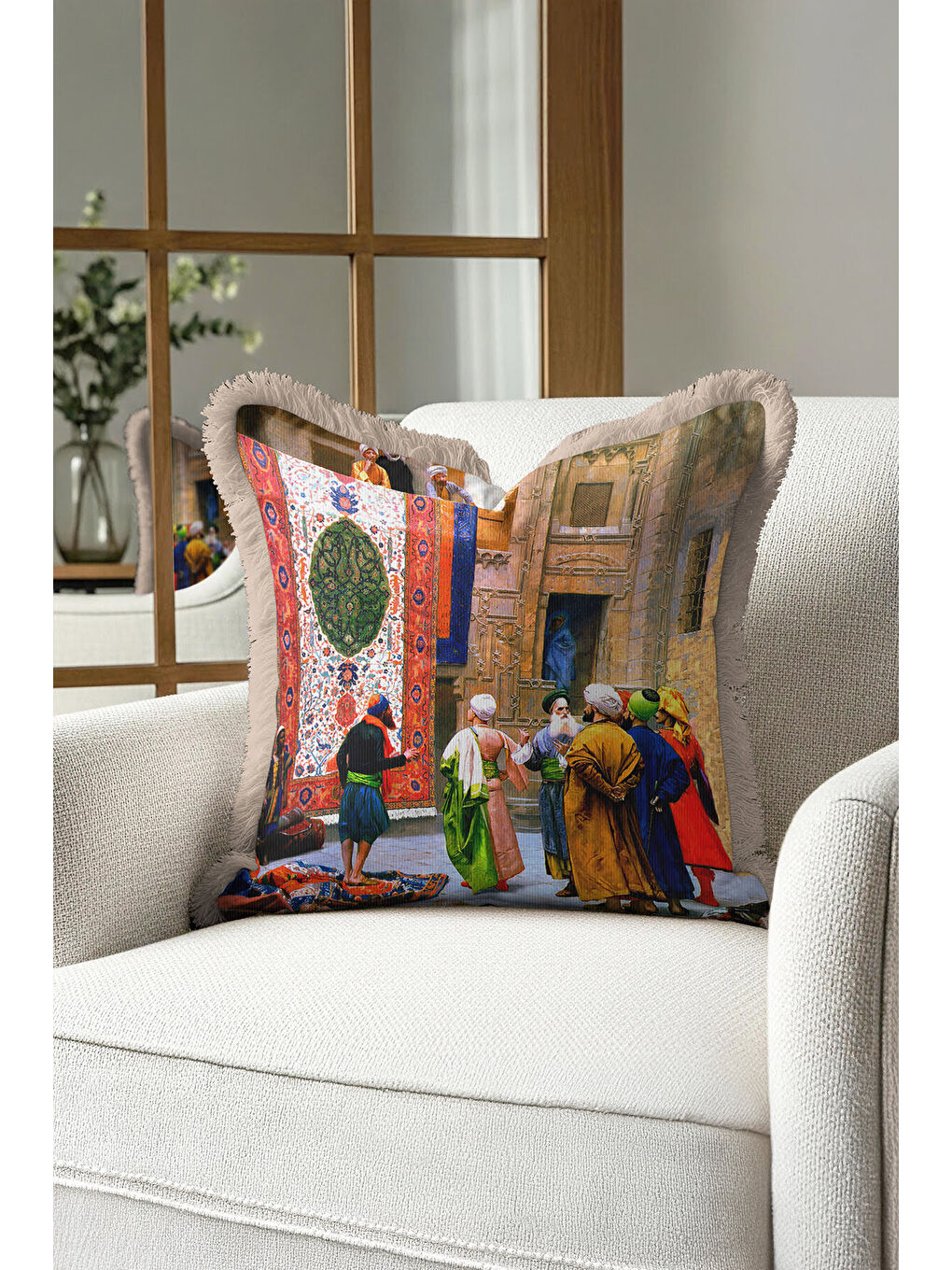 Karışık Oryantal Saray Dokulu Saçaklı Yastık Kılıfı - Tarihi İstanbul Bohem Bej Püsküllü Kırlent Kılıfı-3