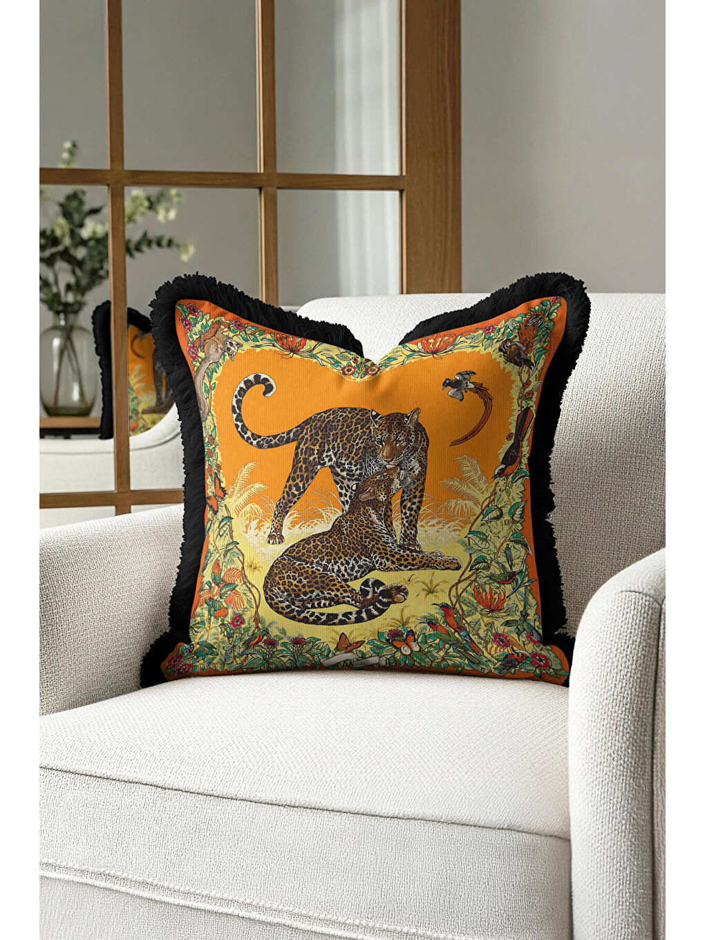 Karışık Egzotik Leopar Vahşi Doğa Saçaklı Yastık Kılıfı - Tropik Bohem Turuncu Siyah Püsküllü Kırlent Kılıfı-4
