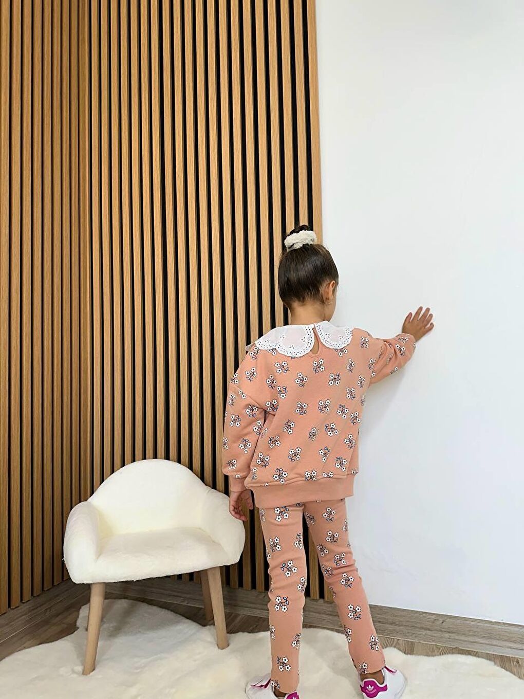 Turuncu Kız Çocuk Pamuklu Kiremit Çiçek Desenli Dantel Yaka Sweatshirt & Tayt Takım-5