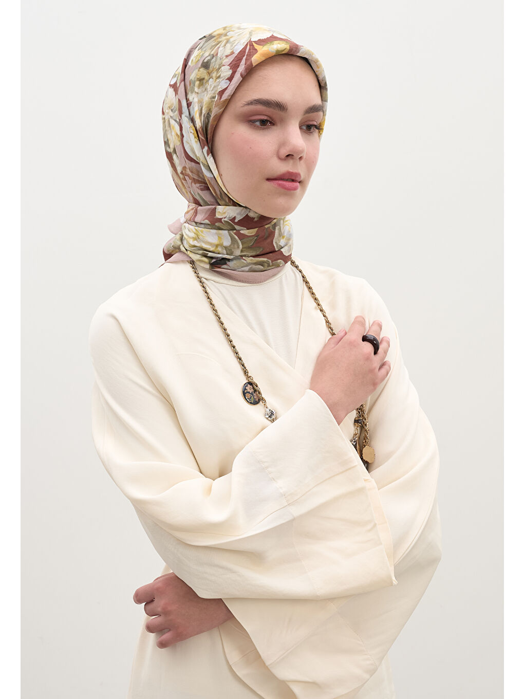 Pembe Lotus Desen Pamuklu Viskon Eşarp Gülkurusu