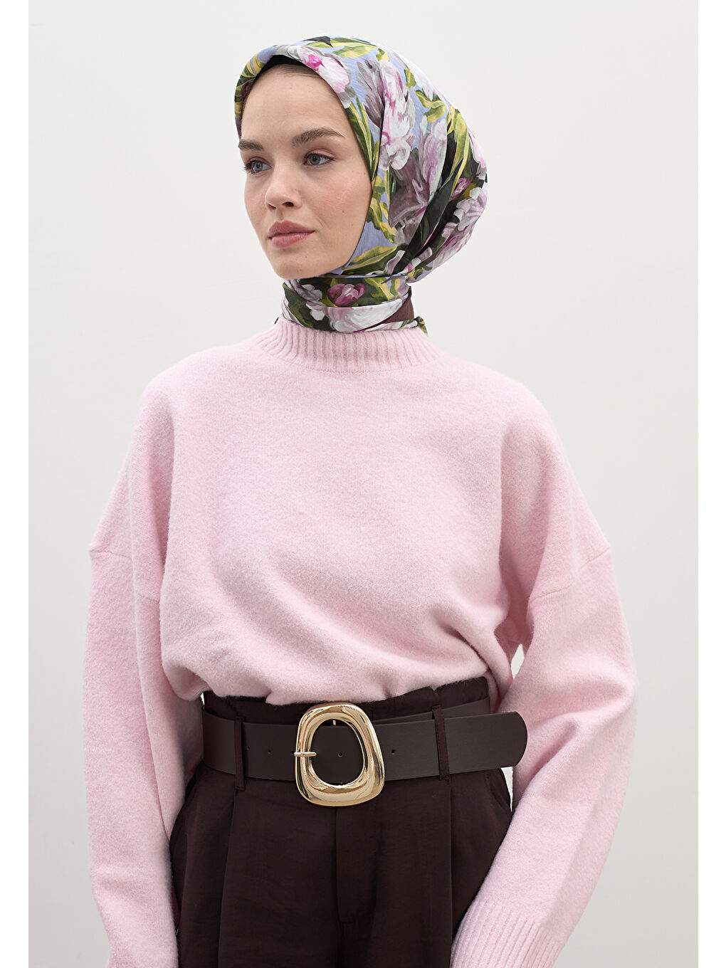 Lotus Desen Pamuklu Viskon Eşarp Mürdüm