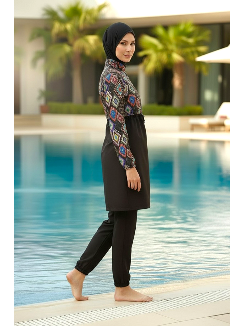 Siyah Hızlı Kuruyan Paraşüt Kumaş Büyük Beden Tam Kapalı Tesettür Mayo 22155-3