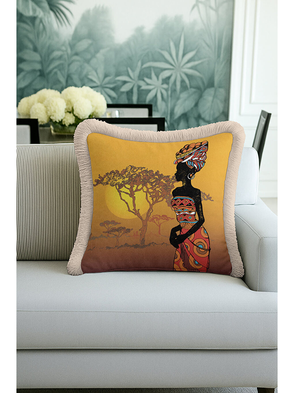 Karışık Afrika Esintili Saçaklı Yastık Kılıfı - Etnik Sanat Bohem Sıcak Sarı Püsküllü Kırlent Kılıfı-3