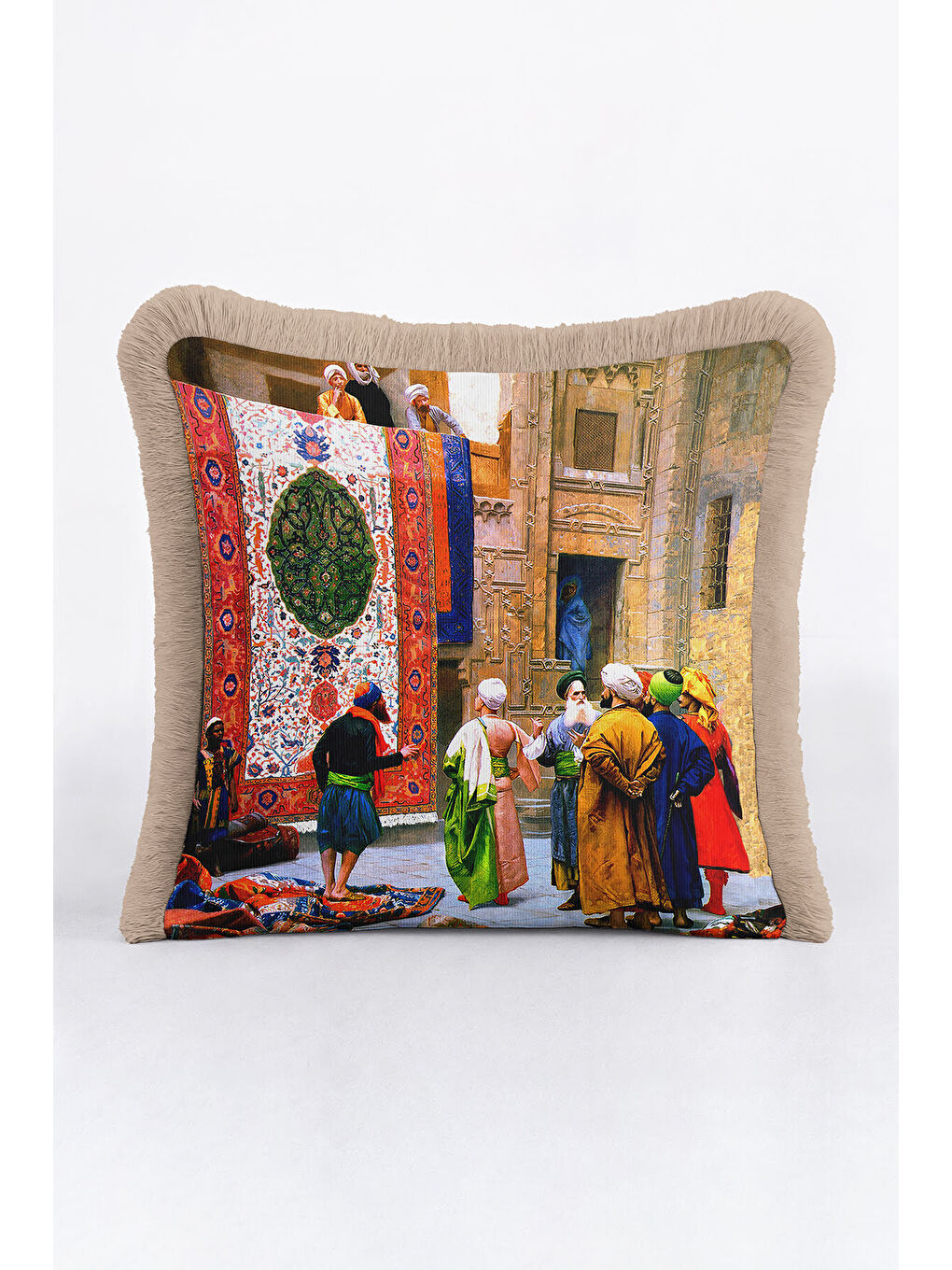Karışık Oryantal Saray Dokulu Saçaklı Yastık Kılıfı - Tarihi İstanbul Bohem Bej Püsküllü Kırlent Kılıfı-4
