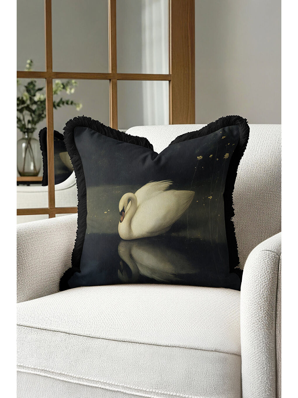 Karışık Zarif Kuğu Figürlü Saçaklı Yastık Kılıfı - Yansımalar Klasik Siyah Püsküllü Kırlent Kılıfı-2