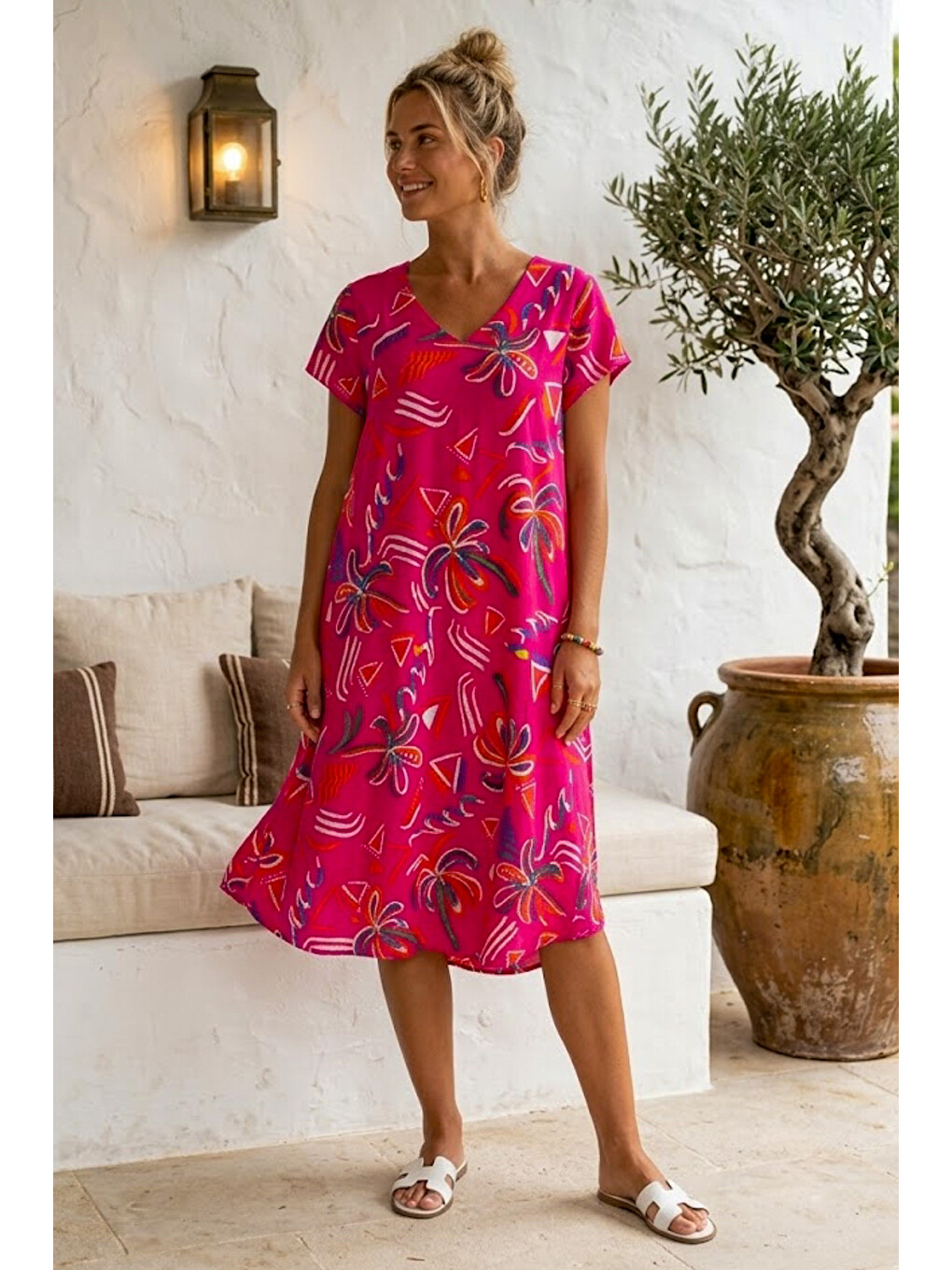 Pembe V Yaka Kısa Kol Desenli Casual Viskon Dokuma Elbise 113 64-4